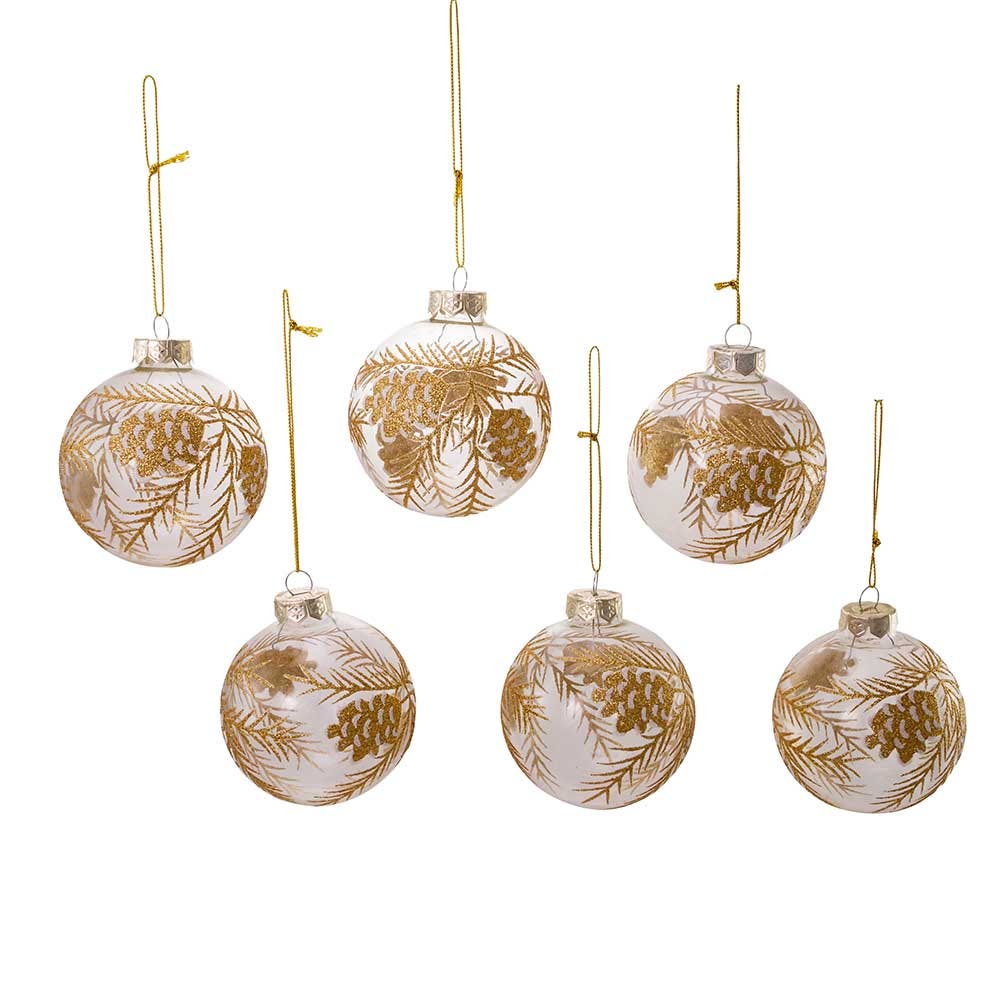 Kurt Adler 80MM Clear with Gold Pinecones Glass Ball Ornaments, 6-Piece Set